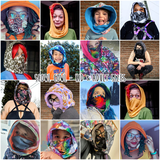 Scowl Cowl Sewing PDF pattern Hood and face covering by RockerByeDestash Patterns for kids and adults hoodie winter hat