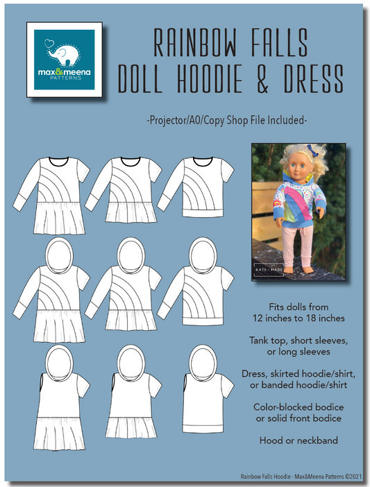 Rainbow Falls Hoodie & Dress for DOLLS -PDF SEWING PATTERN -Projector/A0 Friendly-