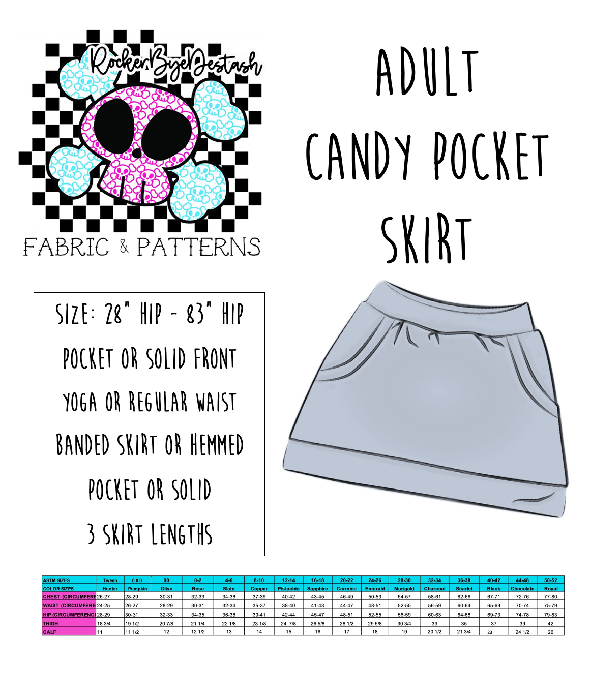 Adult Candy Pocket Skirt - Digital PDF Sewing Pattern - Size 28" hip to 83" hip