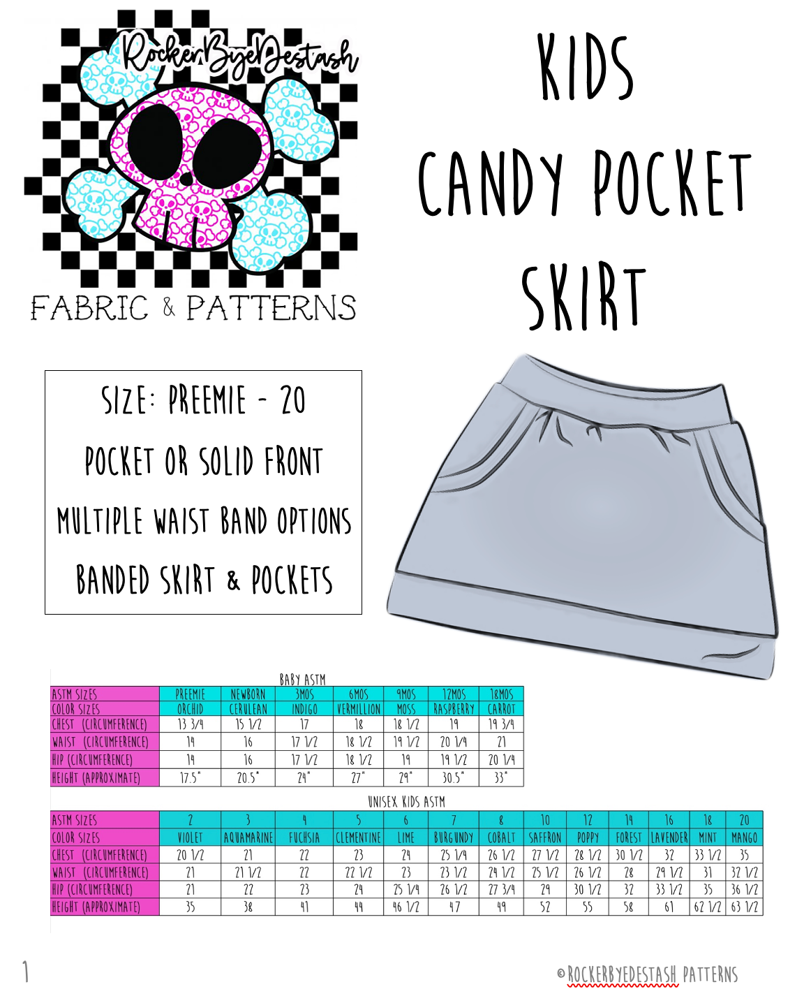 Kids Candy Pocket Skirt - Digital PDF Sewing Pattern - Size Preemie to 20 youth