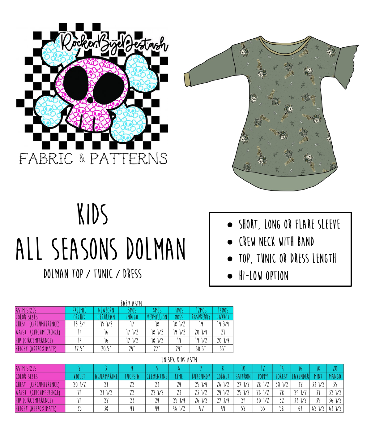 Kids All Seasons Dolman - Top, Tunic, Dress & Hi-Low - Digital PDF Pattern for Sewing