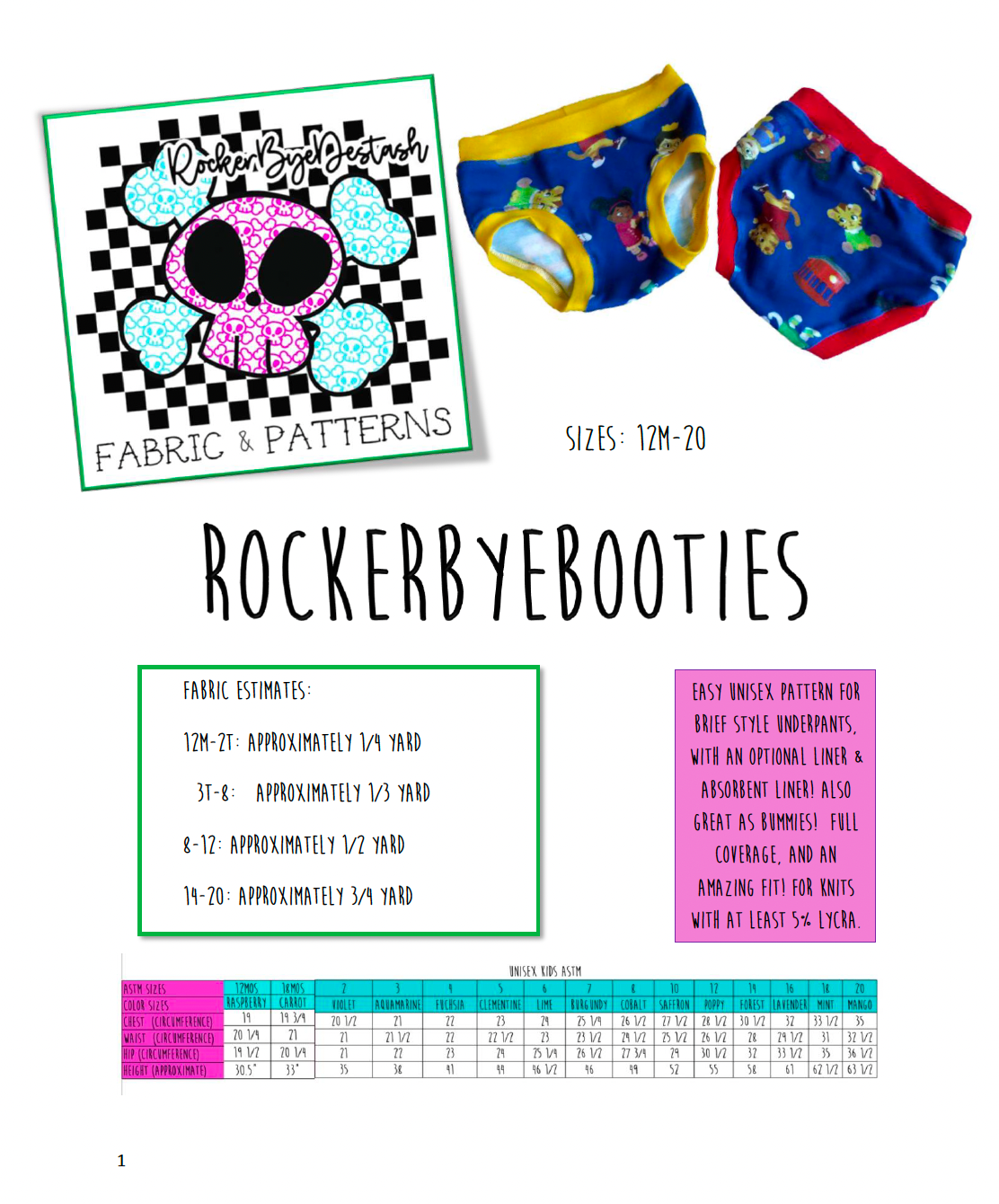 KIDS SIZE undies RockerByeBooties - PDF - Digital Pattern File for garment sewing underwear diaper cover training underwear menstruation