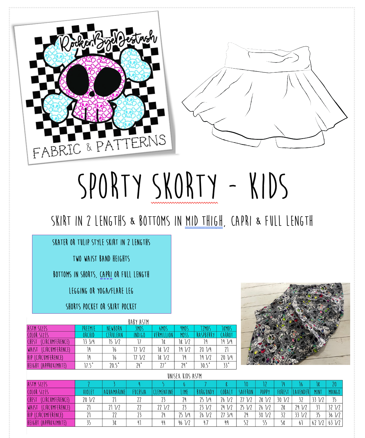 Kids Sporty Skorty Skirt, Shorts to full length yoga pants - Digital PDF Sewing Pattern - Size Preemie to 20 youth