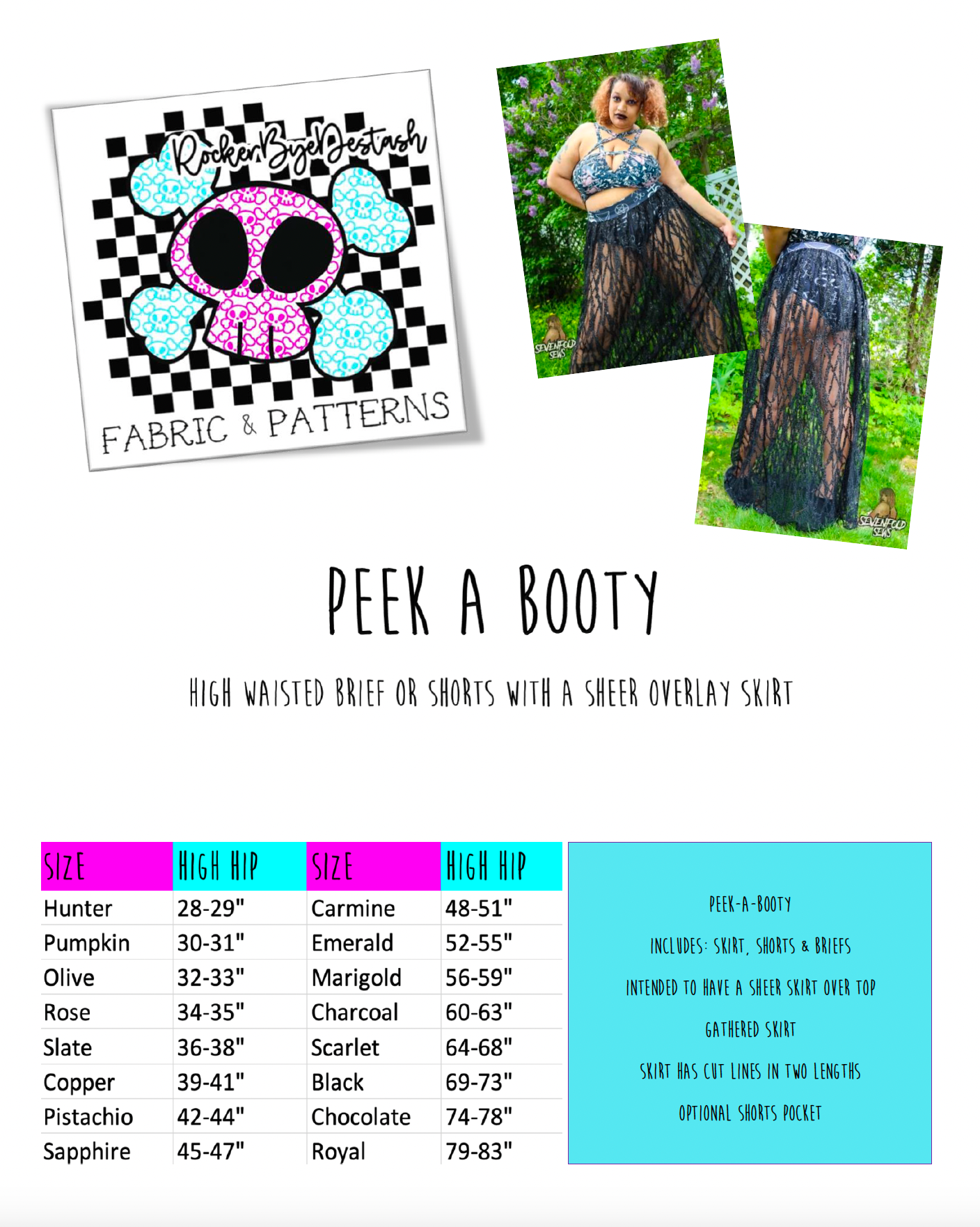 Peek A Booty Skirt Brief and Shorts- Digital PDF Sewing Pattern - Size 28" hip to 83" hip
