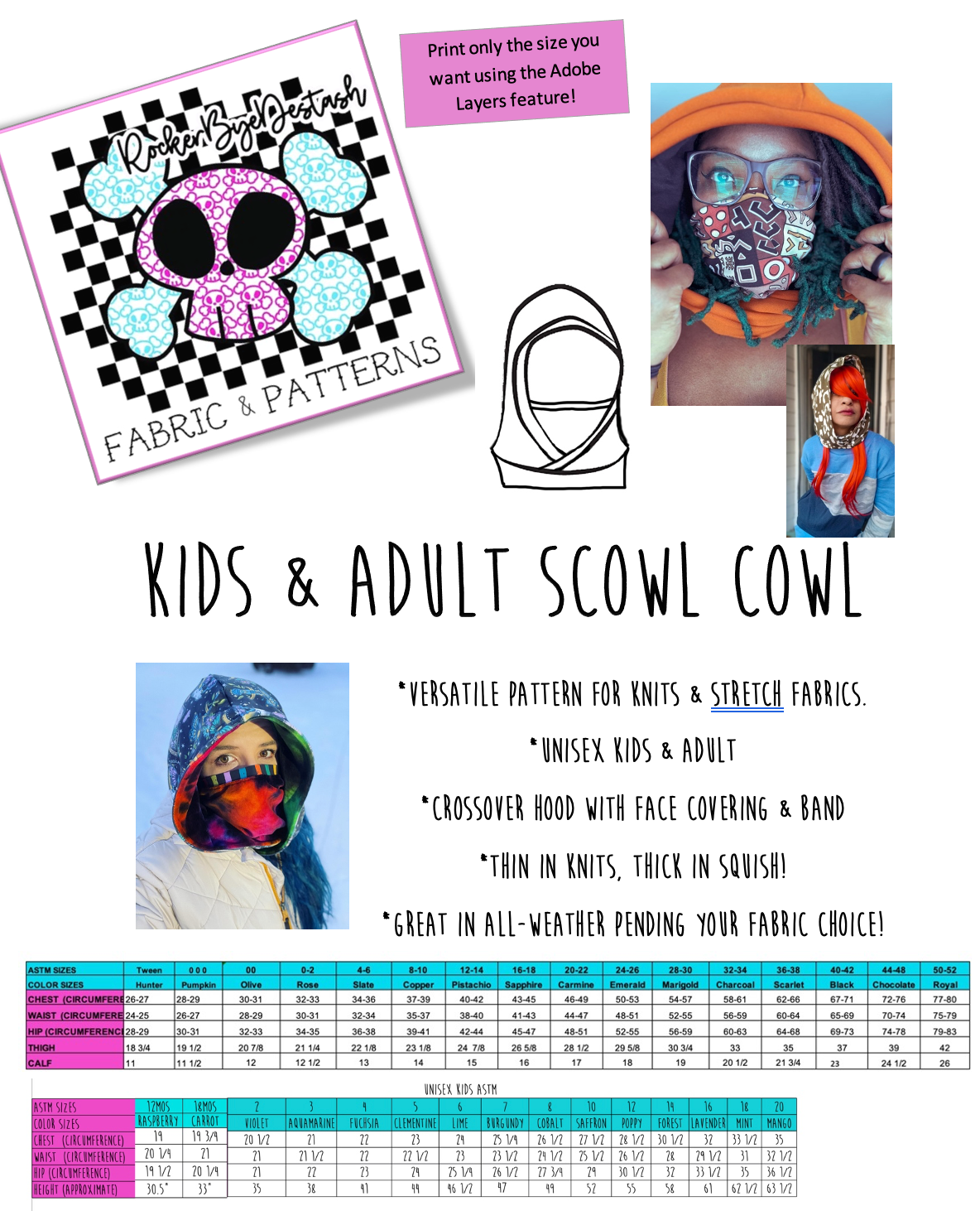 Scowl Cowl Sewing PDF pattern Hood and face covering by RockerByeDestash Patterns for kids and adults hoodie winter hat