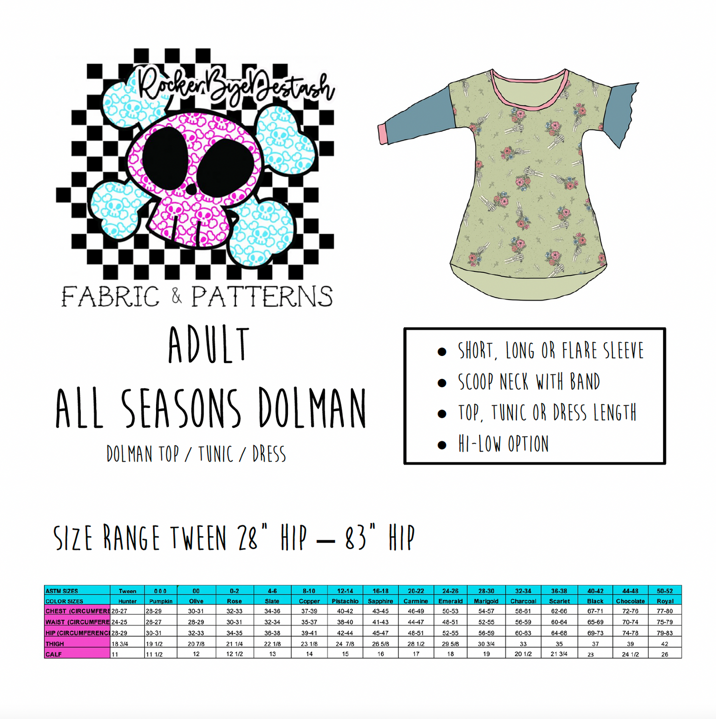 Adult All Seasons Dolman - Top, Tunic, Dress & Hi-Low - Digital PDF Pattern for Sewing