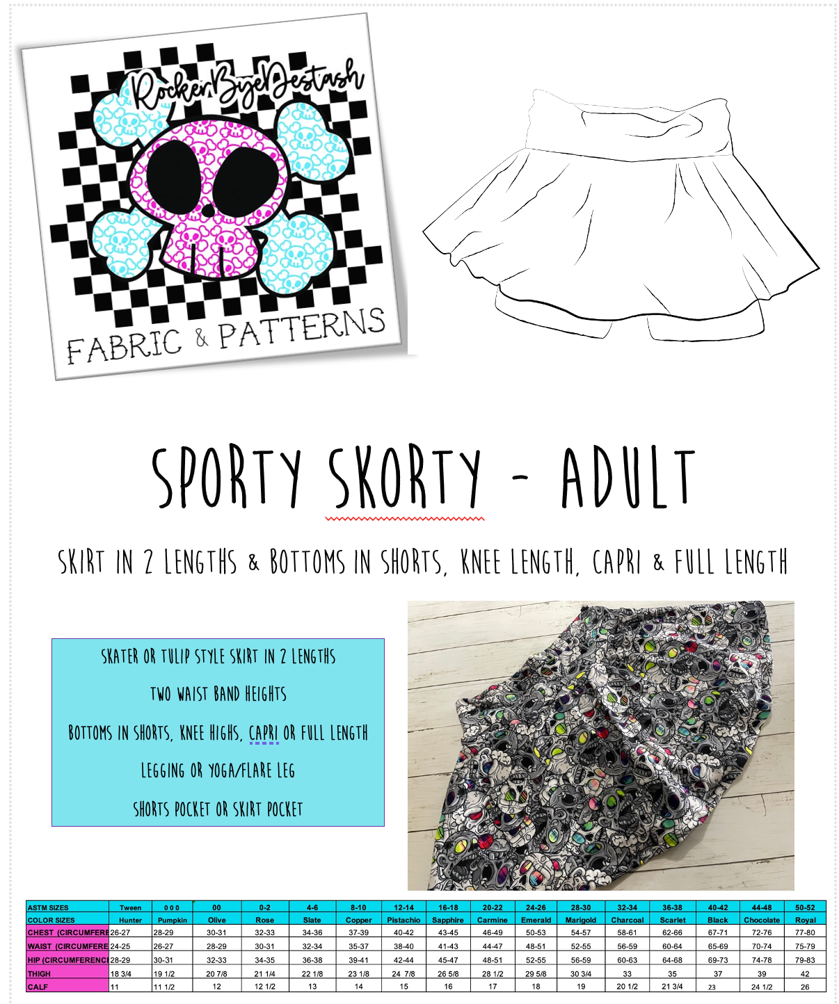 Adult Sporty Skorty Skirt, Shorts to full length yoga pants - Digital PDF Sewing Pattern - 28" hip to 83" hip