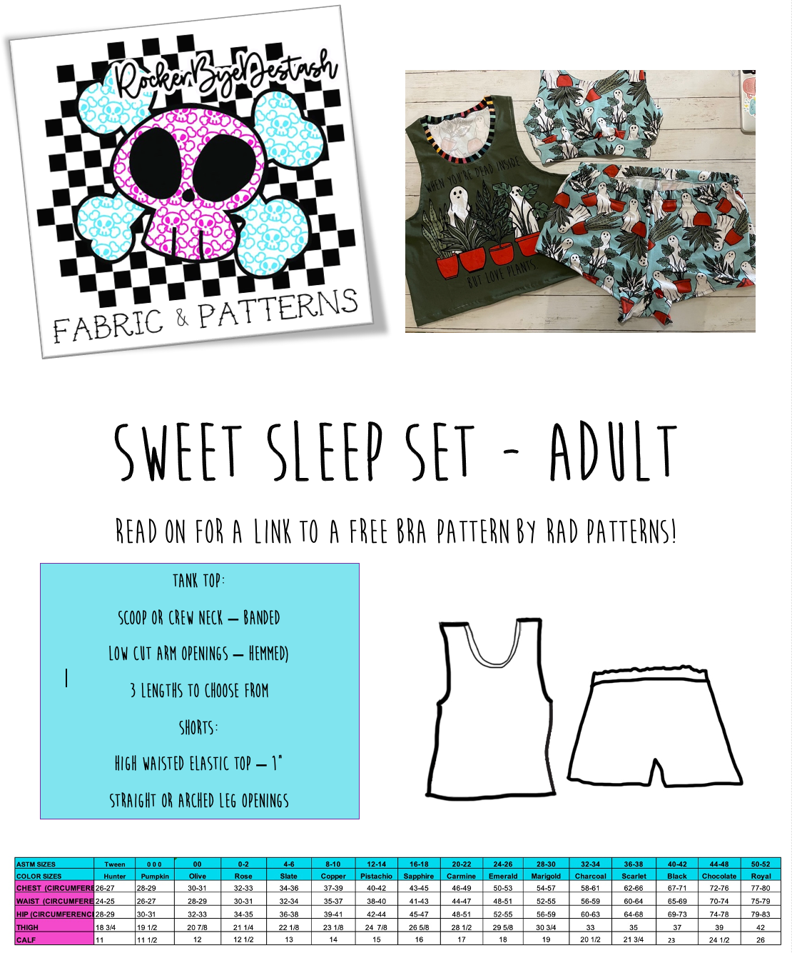 Adult Digital Sewing PDF Pattern - Sweet Sleep Set - Shorts and Tank top Pajamas